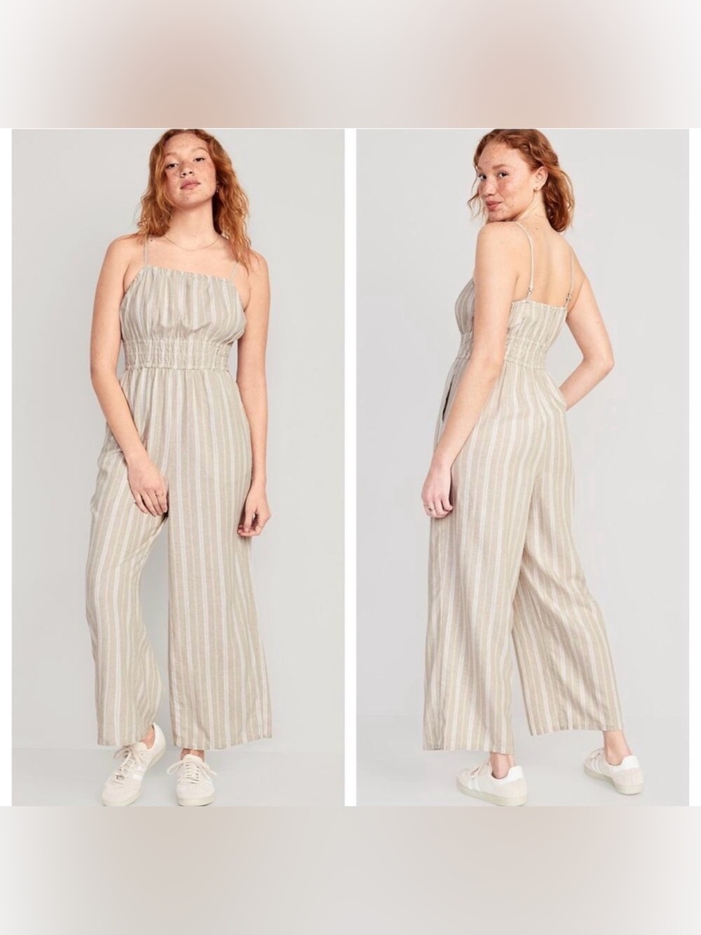 Striped Linen-Blend Beige and White Wide-Leg Jumpsuit